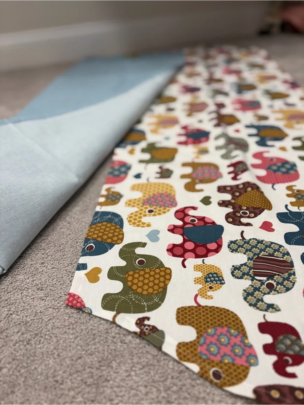 Handmade Blue Table Runner or  Colorful Elephant Print made by my mother